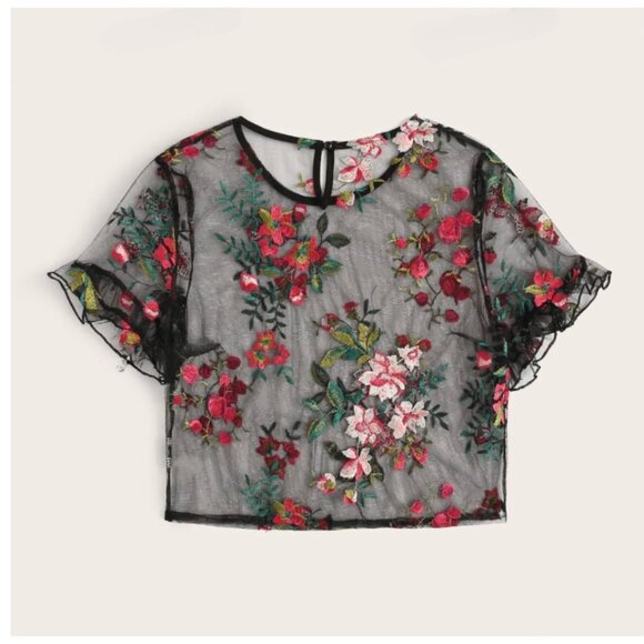 Floral Ruffle Cuff Embroidery Mesh Sheer Top - Picture 5 of 8